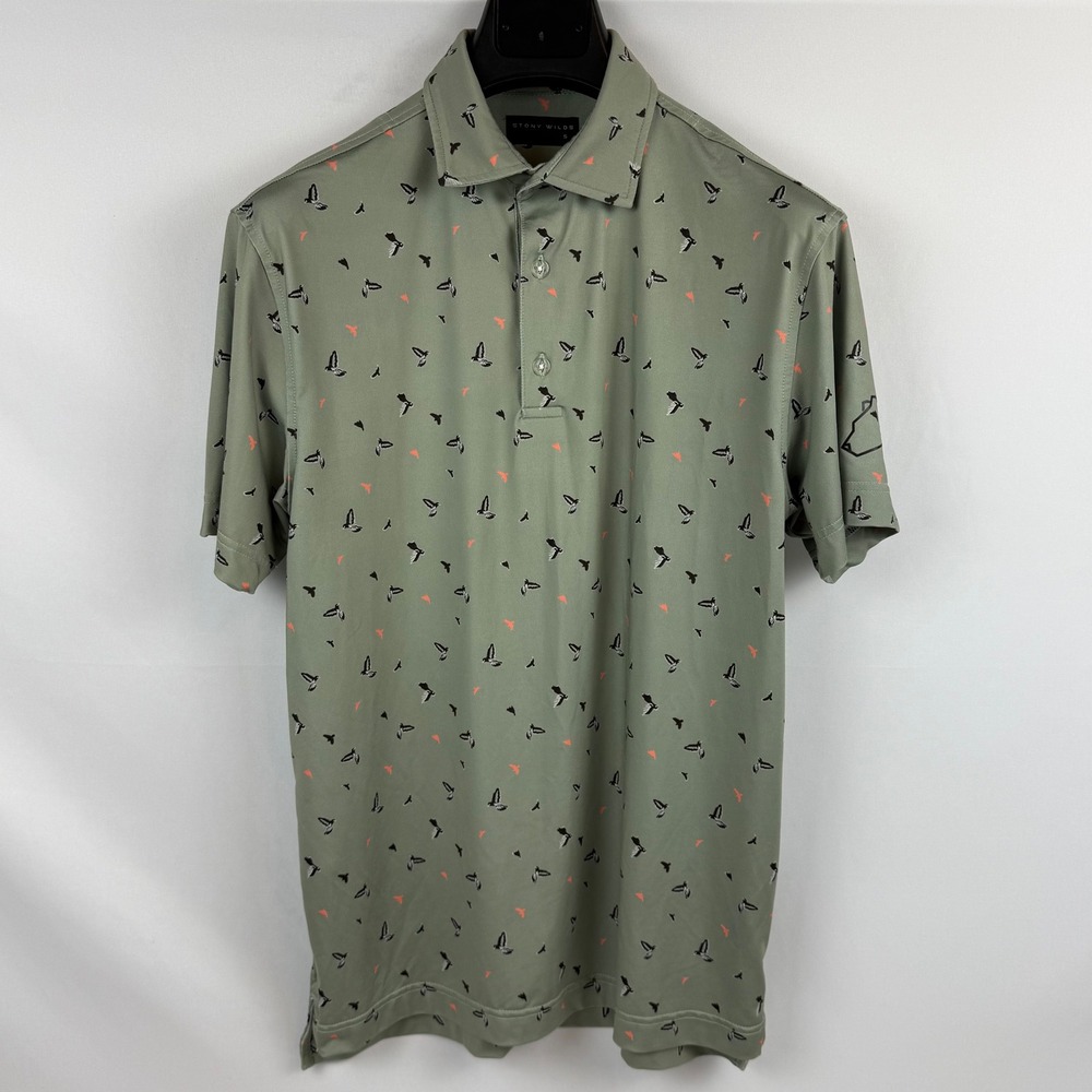 STONY WILDS Men's Green Sailboat Bird Print Golf Polo Shirt Size S‎